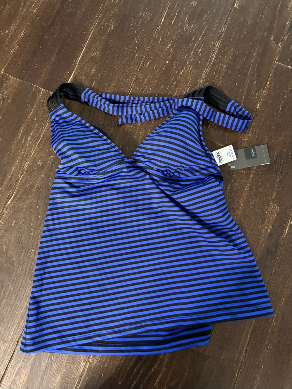 Blue & Black Striped Halter Tankini Top